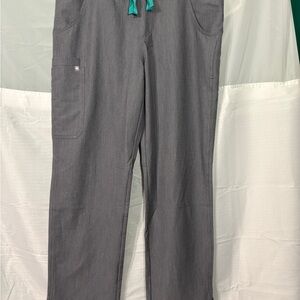 Figs Gray Women’s Cargo Scrub Pants with Teal Drawstring